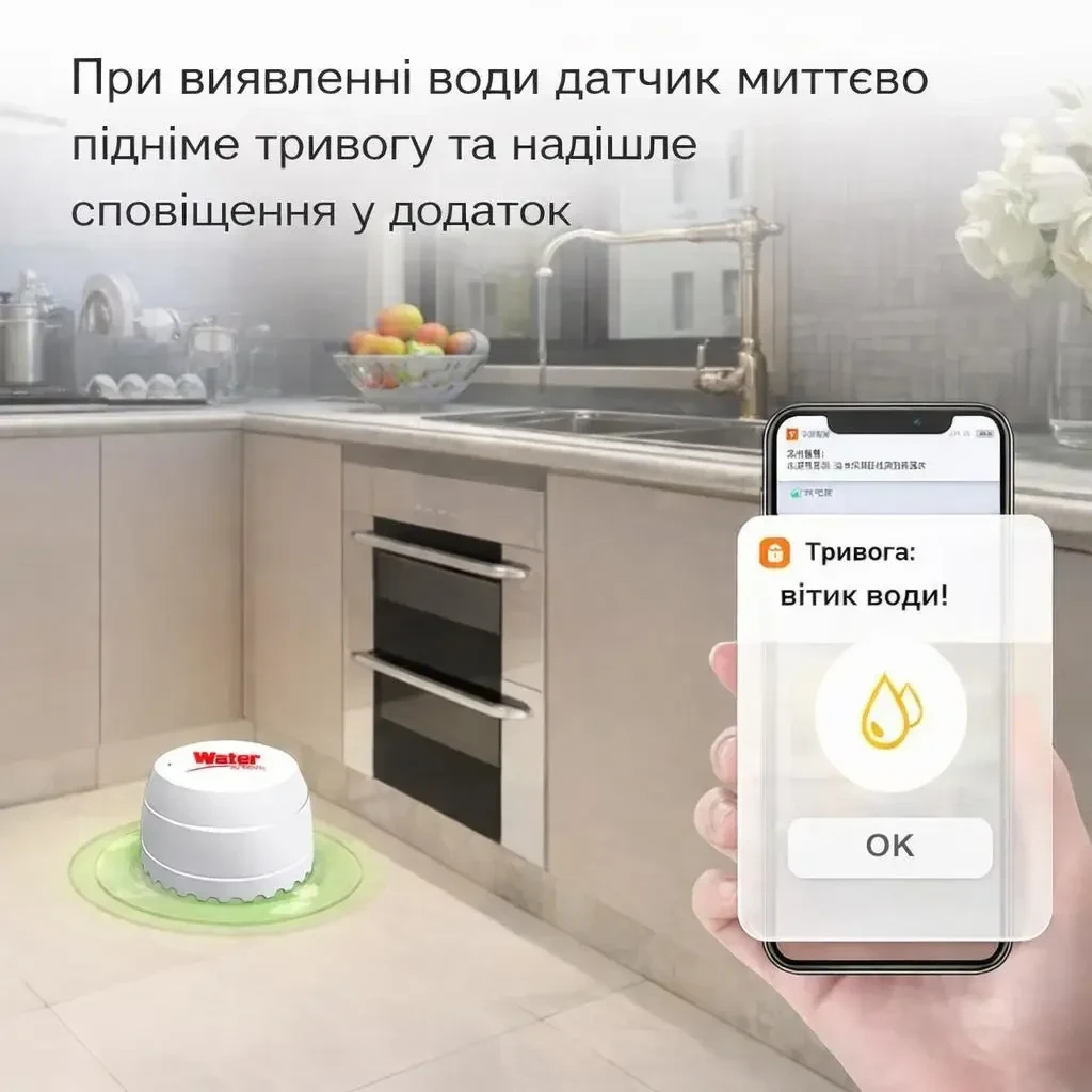 Wi-Fi датчик витоку води Tuya Smart / Smart Life, бездротовий сенсор протікання з push-сповіщеннями, сигналізацією 55 дБ, WiFi +