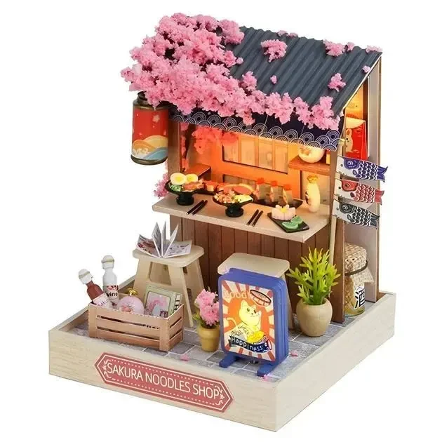 Конструктор 3D Румбокс Sakura Noodles Shop (Магазин локшини) з LED-підсвіткою та пилозахисним ковпаком