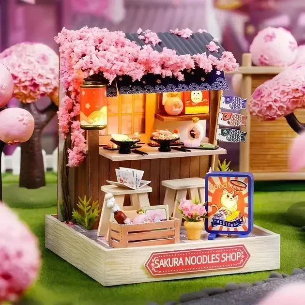 Конструктор 3D Румбокс Sakura Noodles Shop (Магазин локшини) з LED-підсвіткою та пилозахисним ковпаком