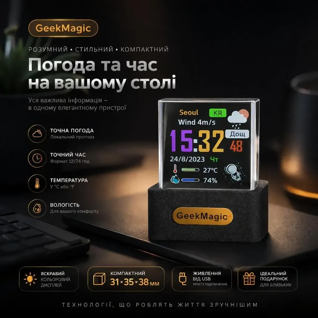 Голографічна цифрова метеостанція та годинник GeekMagic HelloCubic з GIF-анімаціями, проекція на куб, фотоальбомом, Wi-Fi, Type-C