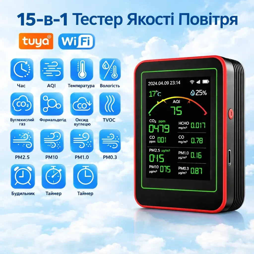 Цифровий аналізатор датчик якості повітря 15 в 1 (CO2, чадний газ, TVOC HCHO PM2.5 PM10 та інші) з WiFi, датчик температури та