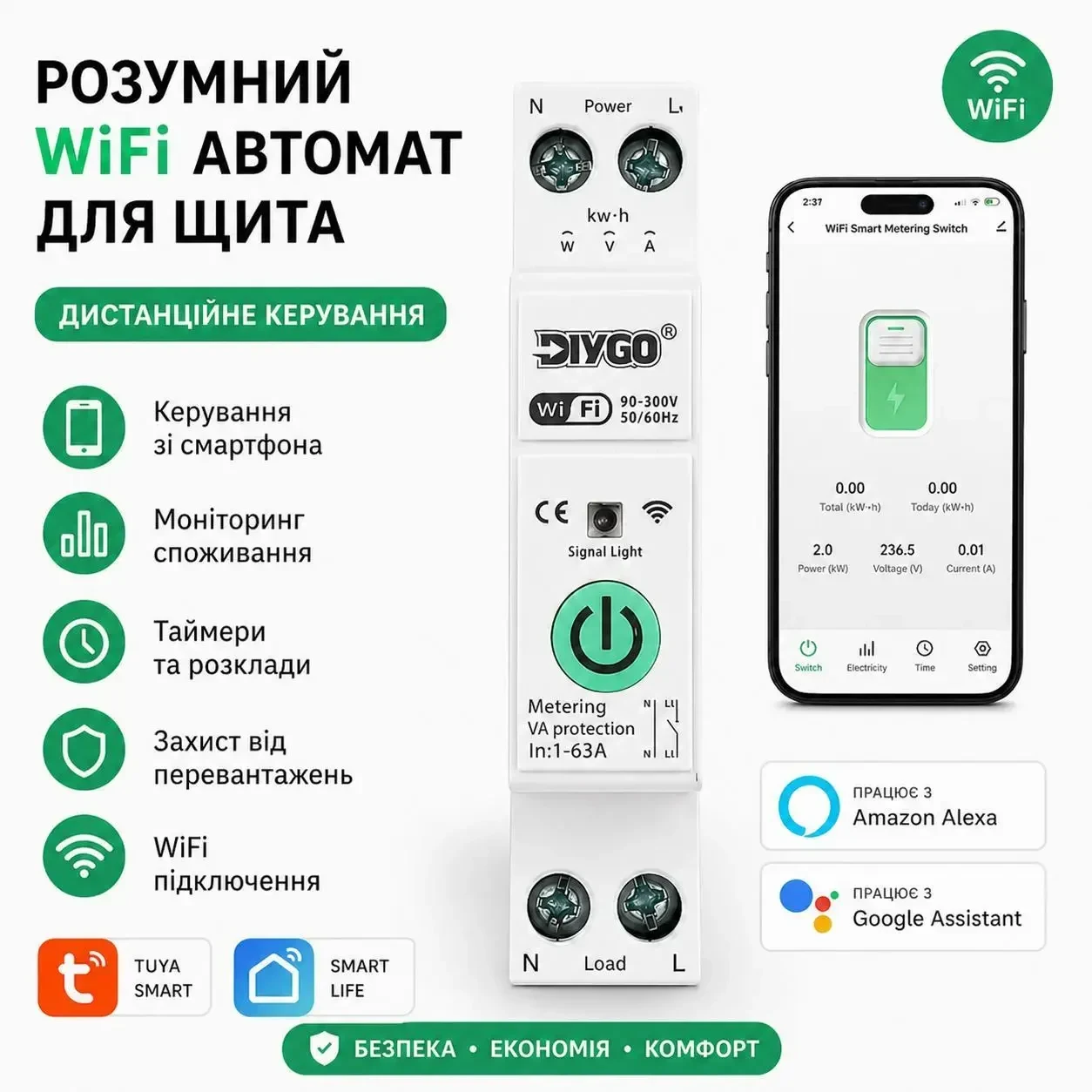 Розумний WiFi автомат захисту 63А Tuya SmartLife DIN рейка 1P+N з контролем напруги, струму та потужності