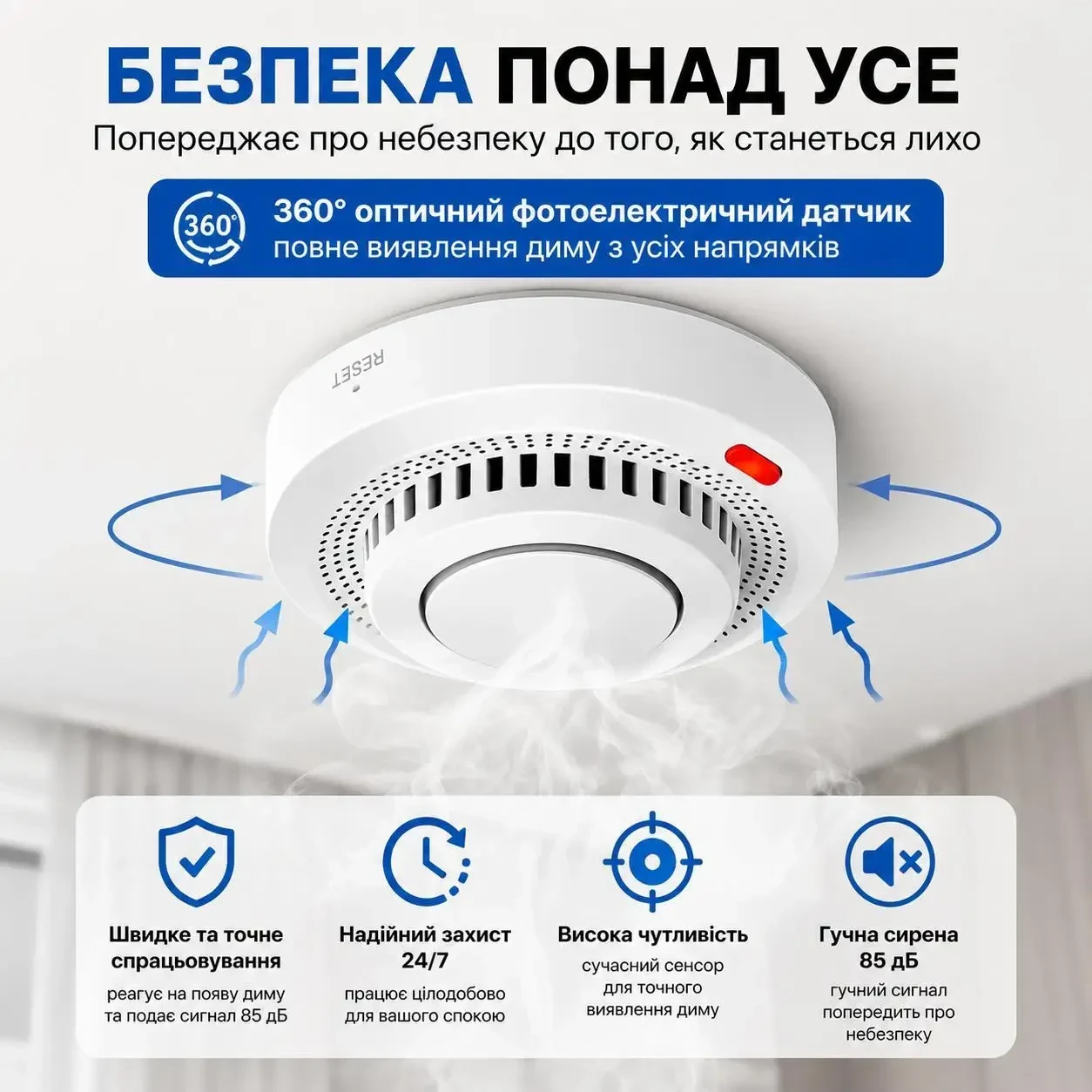 Розумний Wi-Fi датчик диму DYGSM Tuya Smart / Smart Life 85 дБ — сигналізація пожежі з повідомленням на смартфон, WiFi, Білий