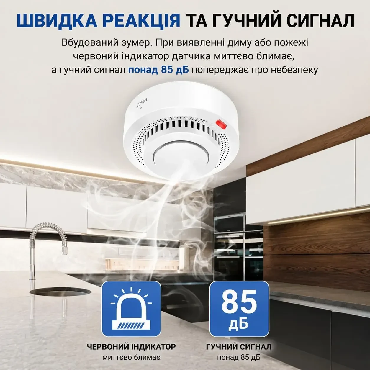 Розумний Wi-Fi датчик диму DYGSM Tuya Smart / Smart Life 85 дБ — сигналізація пожежі з повідомленням на смартфон, WiFi, Білий