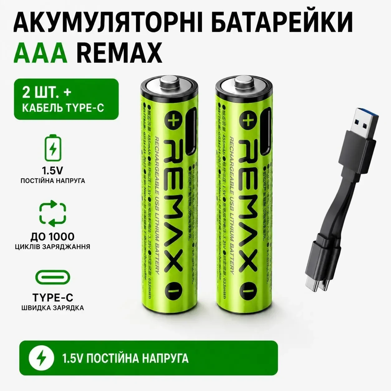 Акумуляторні батарейки 2 шт AAA REMAX 1.5V Li-ion 435mAh (814mWh/3.7V) USB Type-C + кабель для заряджання