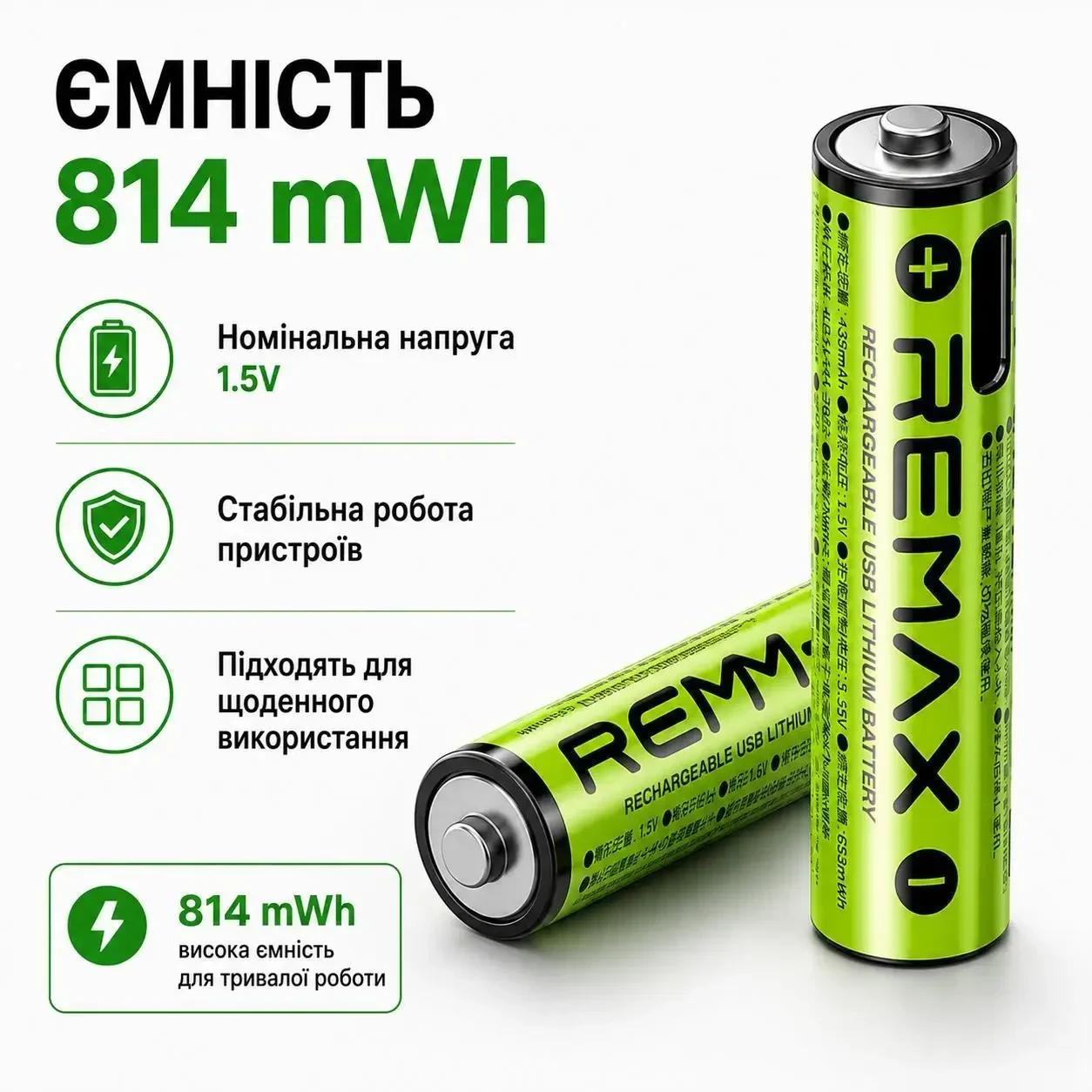 Акумуляторні батарейки 2 шт AAA REMAX 1.5V Li-ion 435mAh (814mWh/3.7V) USB Type-C + кабель для заряджання