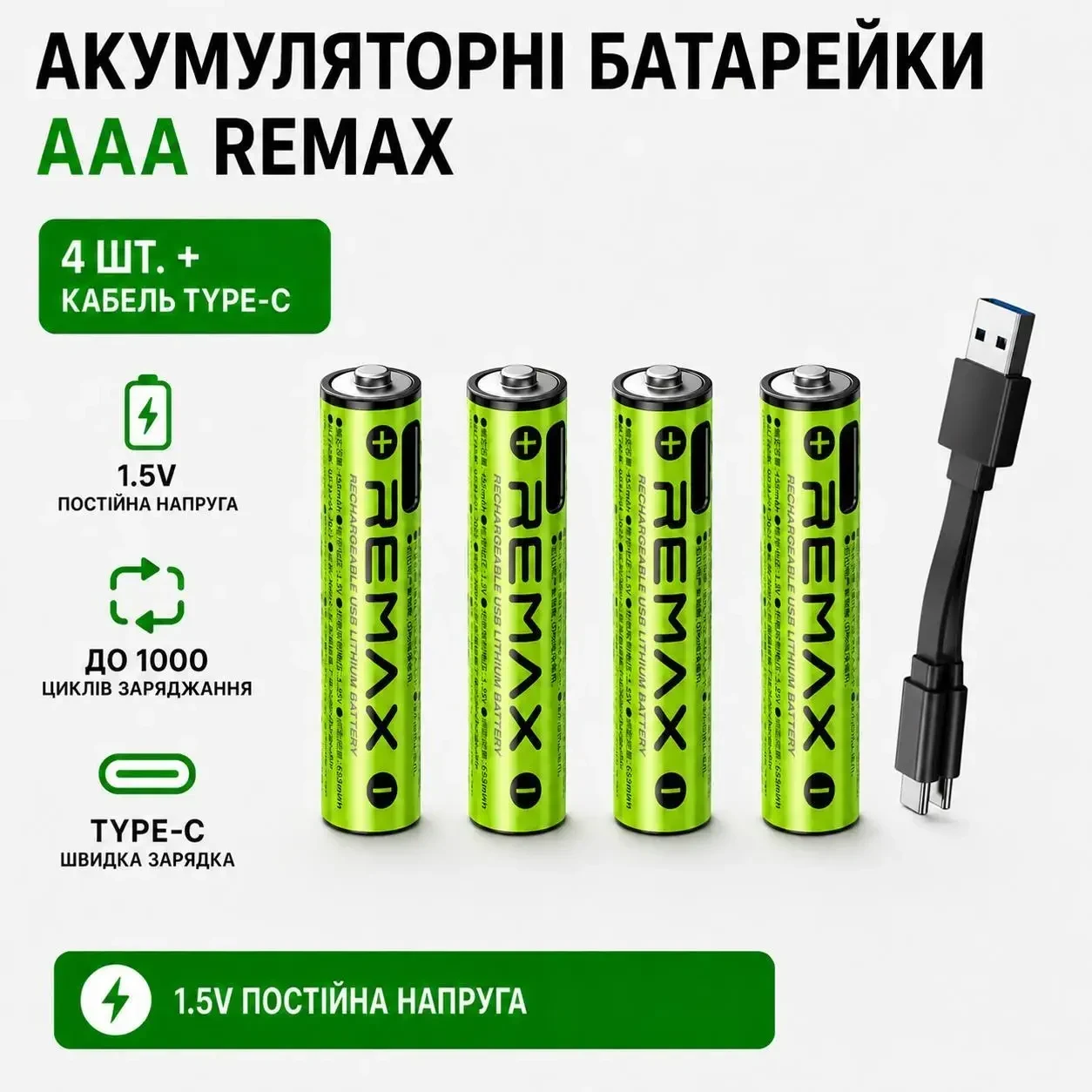 Акумуляторні батарейки 4 шт AAA REMAX 1.5V Li-ion 435mAh (814mWh/3.7V) USB Type-C + кабель для заряджання
