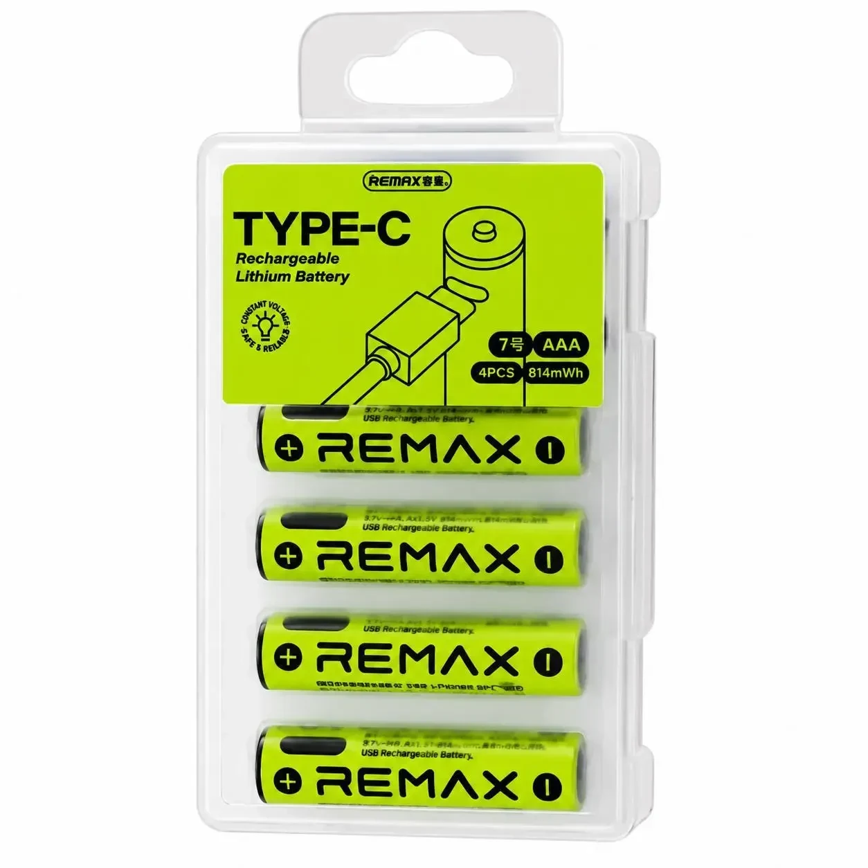 Акумуляторні батарейки 4 шт AAA REMAX 1.5V Li-ion 435mAh (814mWh/3.7V) USB Type-C + кабель для заряджання