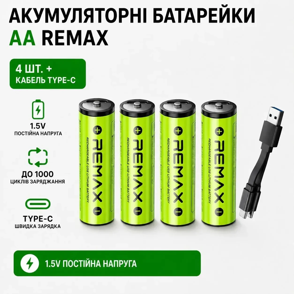 Акумуляторні батарейки 4 шт AA REMAX 1.5V Li-ion 1750mAh (3071mWh/3.7V) USB Type-C + кабель для заряджання