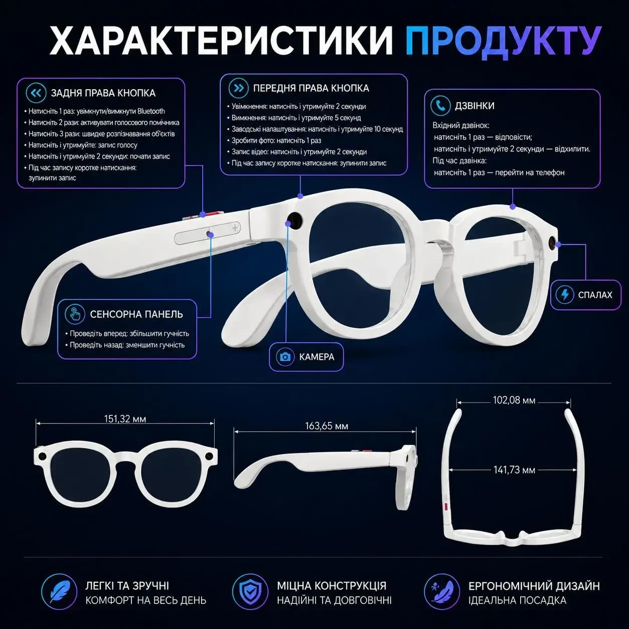 Розумні смарт AI окуляри AiMB 800W камера, 720P відео, Smart, Bluetooth, WiFi, 3 комплекти лінз, дзвінки та музика, Білий