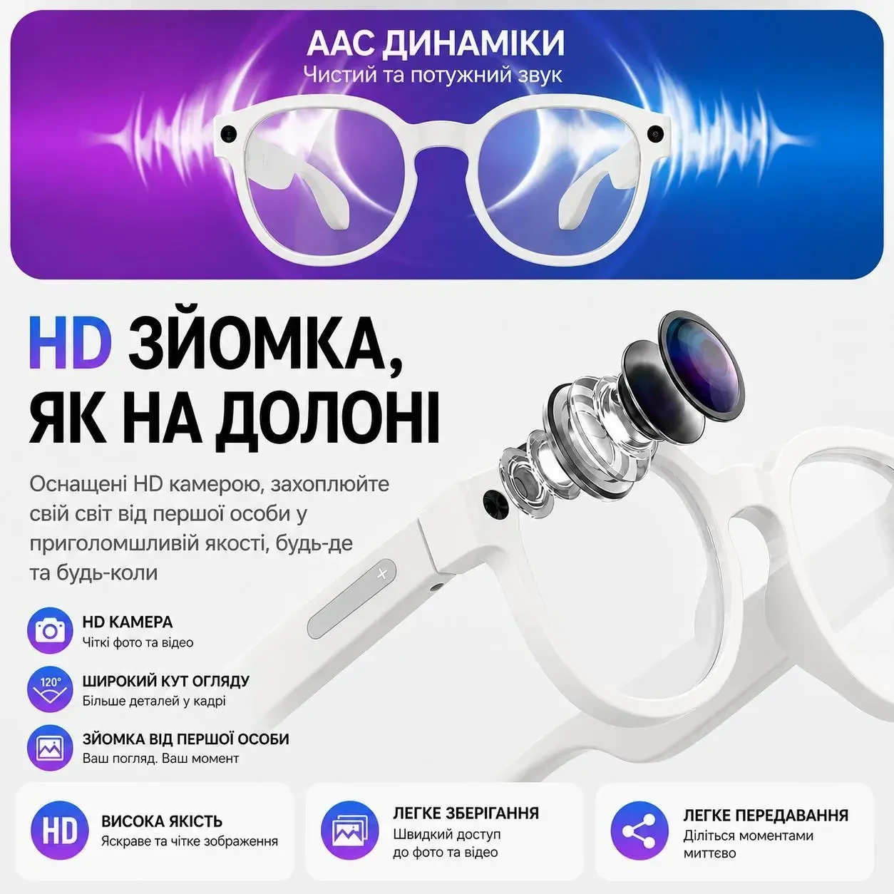 Розумні смарт AI окуляри AiMB 800W камера, 720P відео, Smart, Bluetooth, WiFi, 3 комплекти лінз, дзвінки та музика, Білий