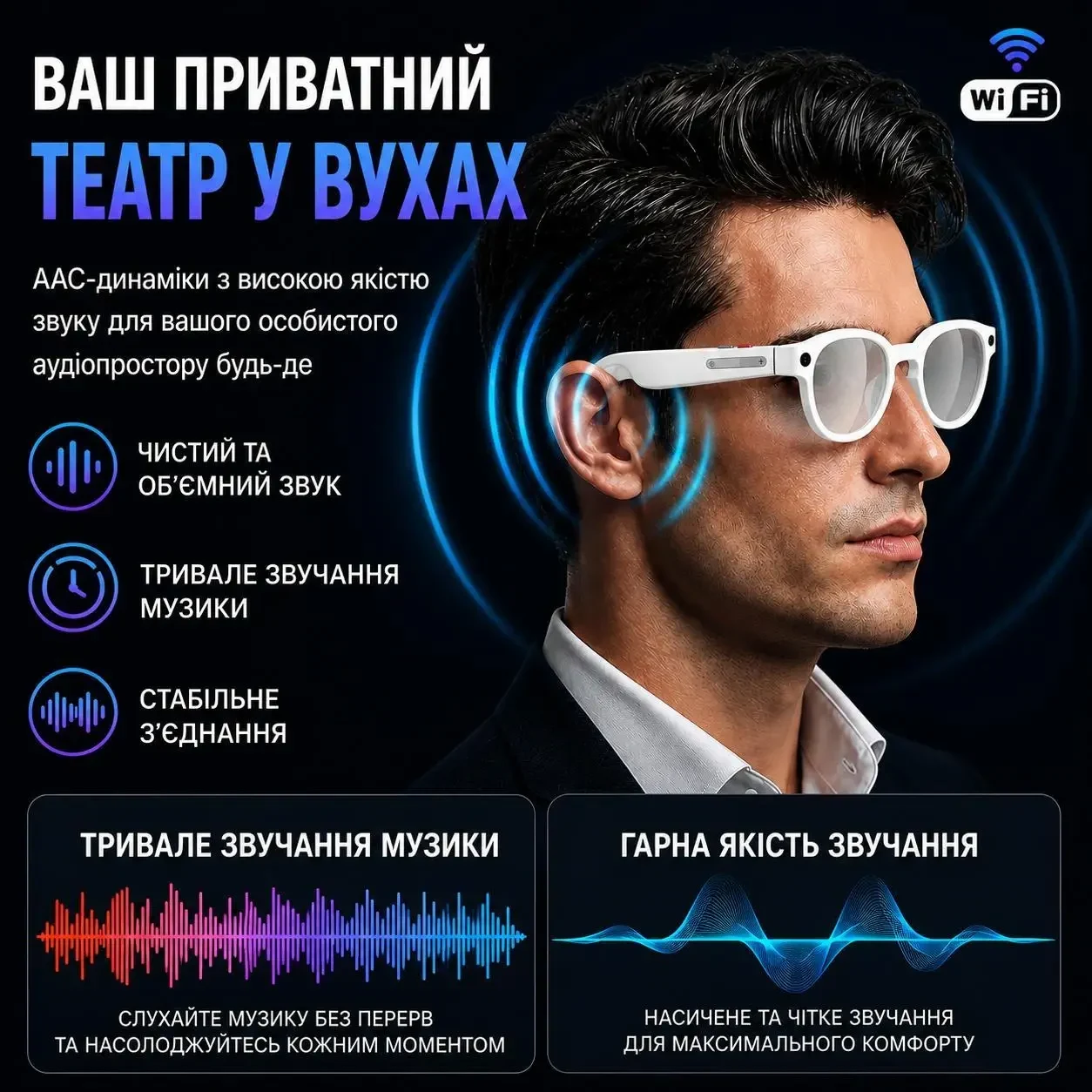 Розумні смарт AI окуляри AiMB 800W камера, 720P відео, Smart, Bluetooth, WiFi, 3 комплекти лінз, дзвінки та музика, Білий