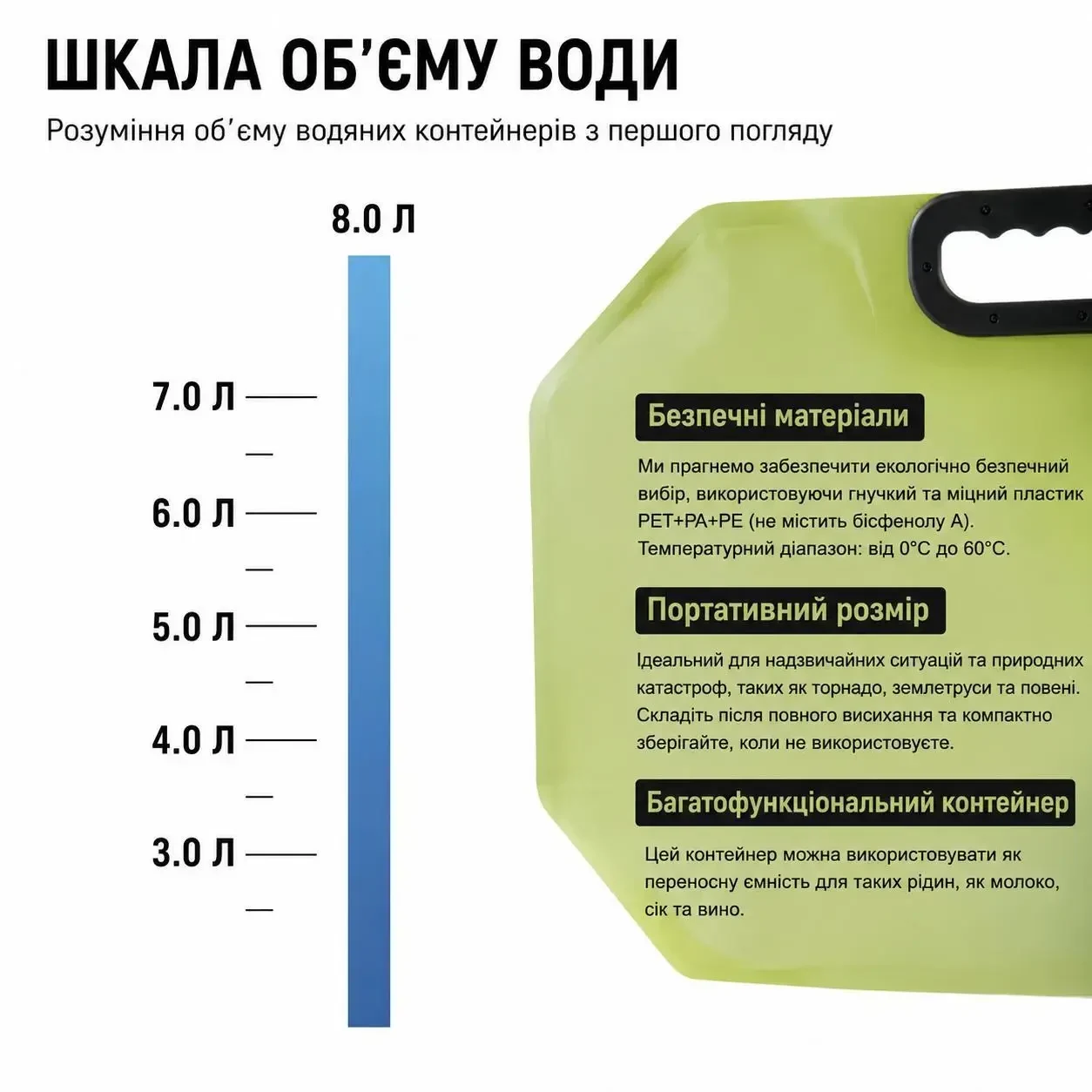 Складна ємність для води 8 л з краном та ручкою | Харчовий пластик BPA Free | Портативна каністра для кемпінгу, туризму та