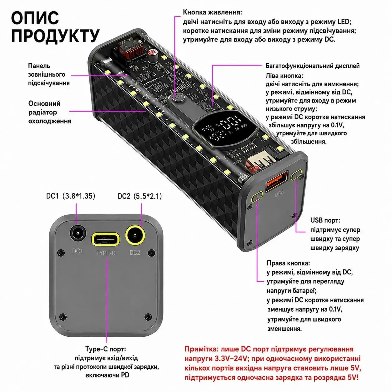 Корпус для складання Power Bank 65W на 8 акумуляторів 18650, підтримка заряджання ноутбуків, PD 3.1, USB, Type-C, DC 3.3-24V,
