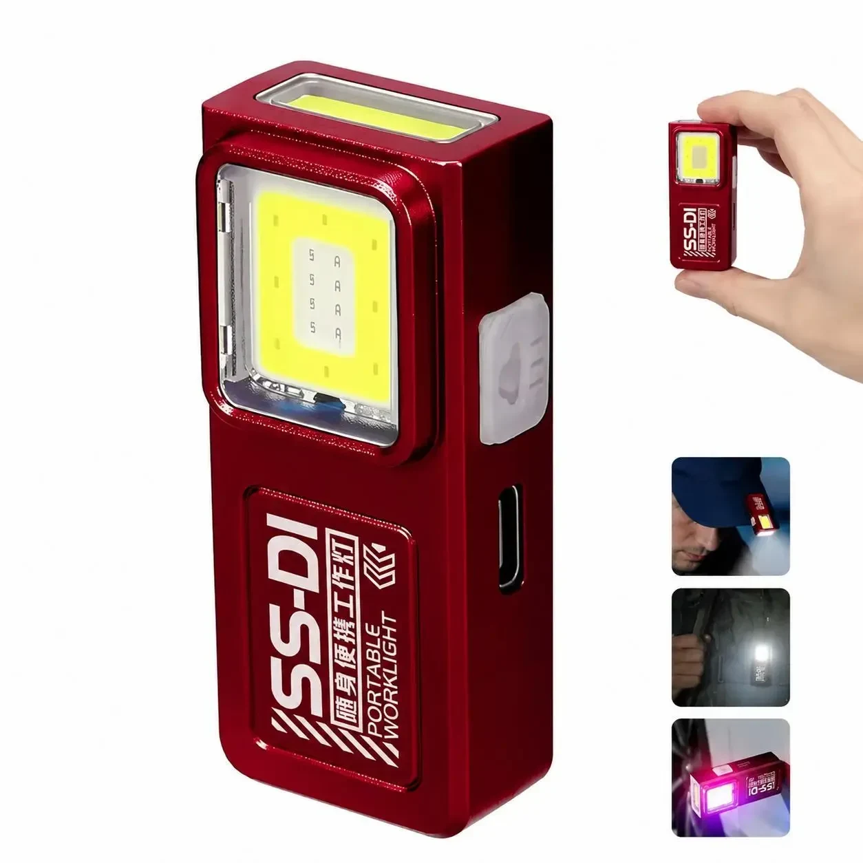 Міні LED COB ліхтарик акумуляторний USB Type-C з магнітом та кліпсою, кишеньковий EDC ліхтар 4 режими, Червоний