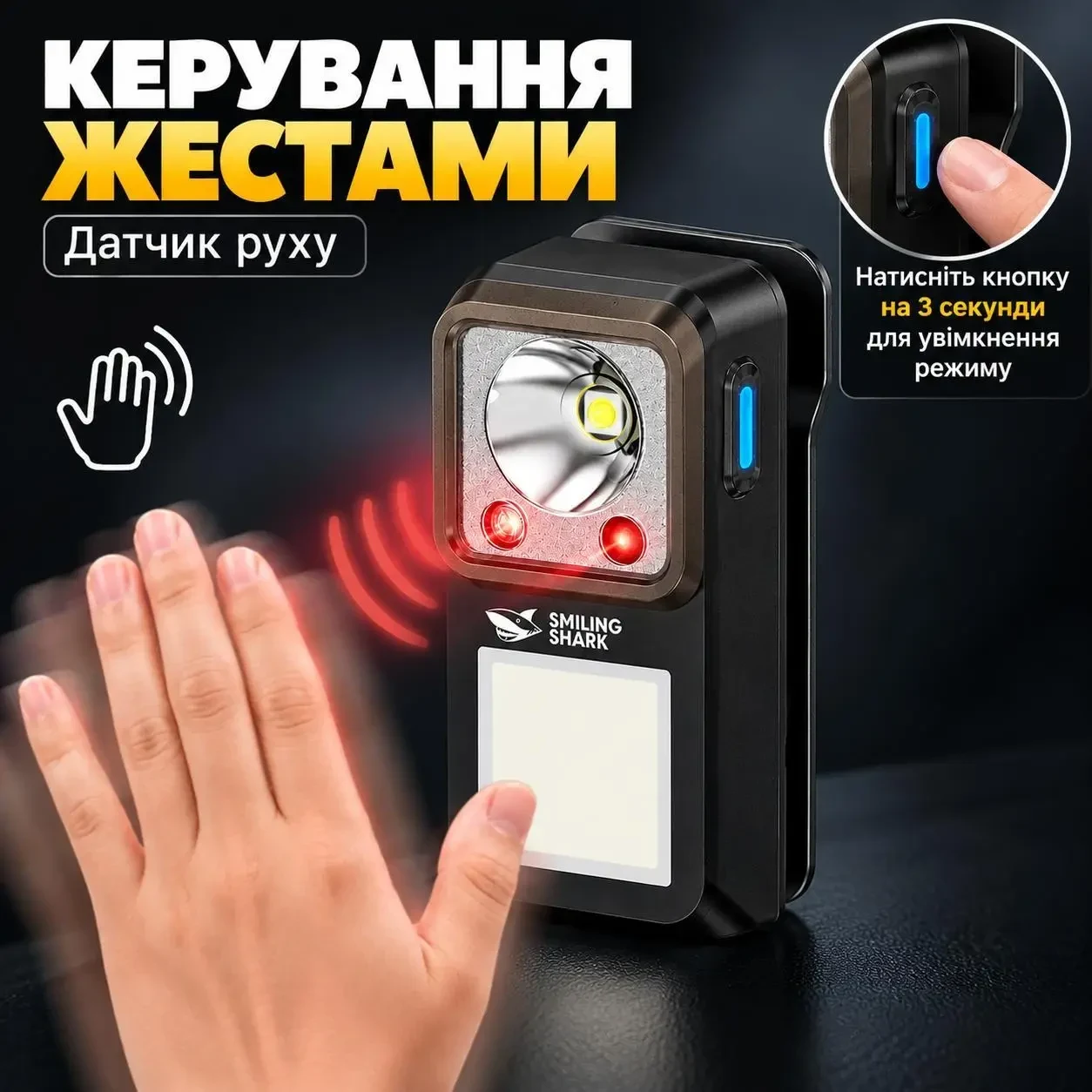 Ліхтарик EDC акумуляторний Smiling Shark TIP-7070, 6 режимів, COB, USB Type-C, магніт і кліпса, датчик руху, Чорний