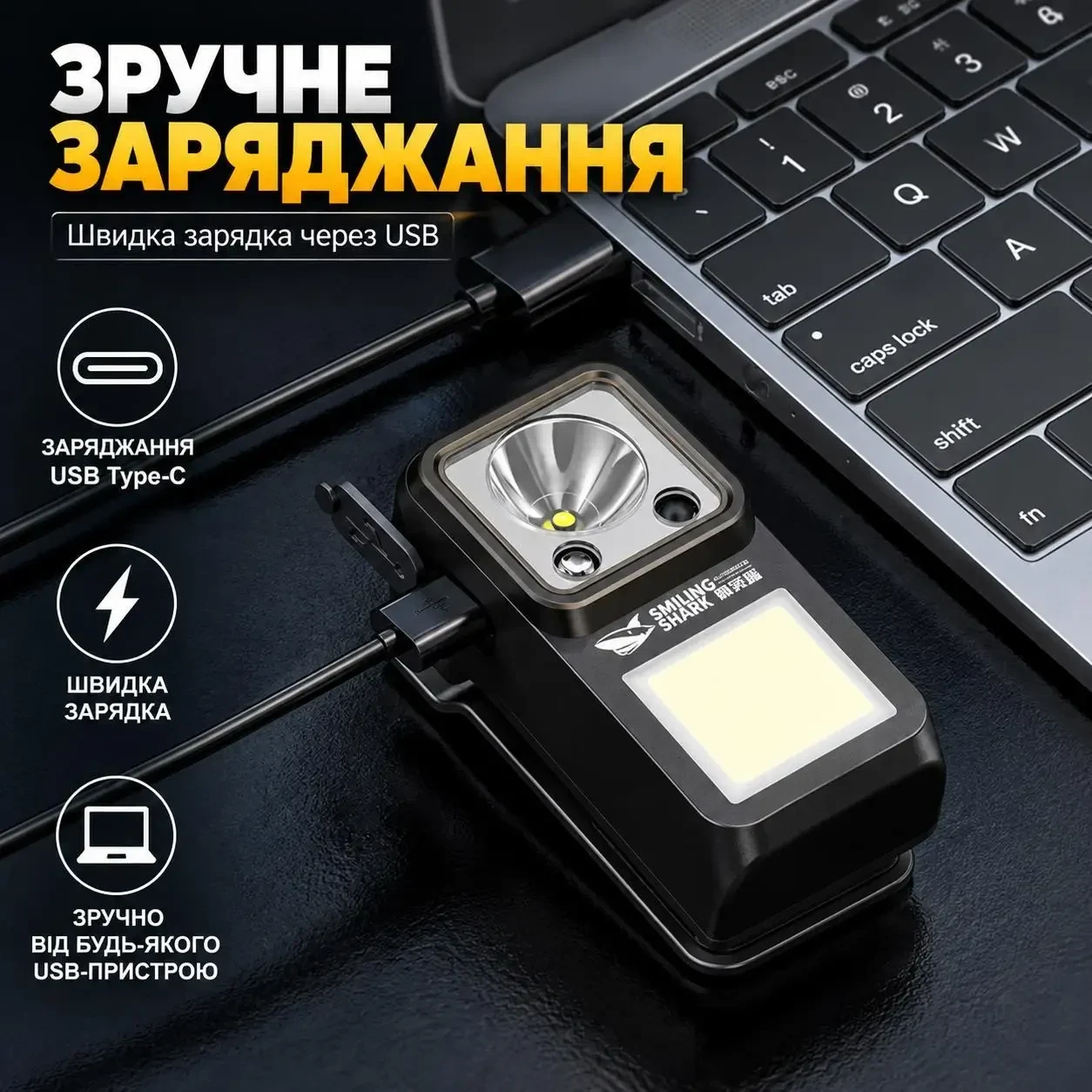 Ліхтарик EDC акумуляторний Smiling Shark TIP-7070, 6 режимів, COB, USB Type-C, магніт і кліпса, датчик руху, Чорний