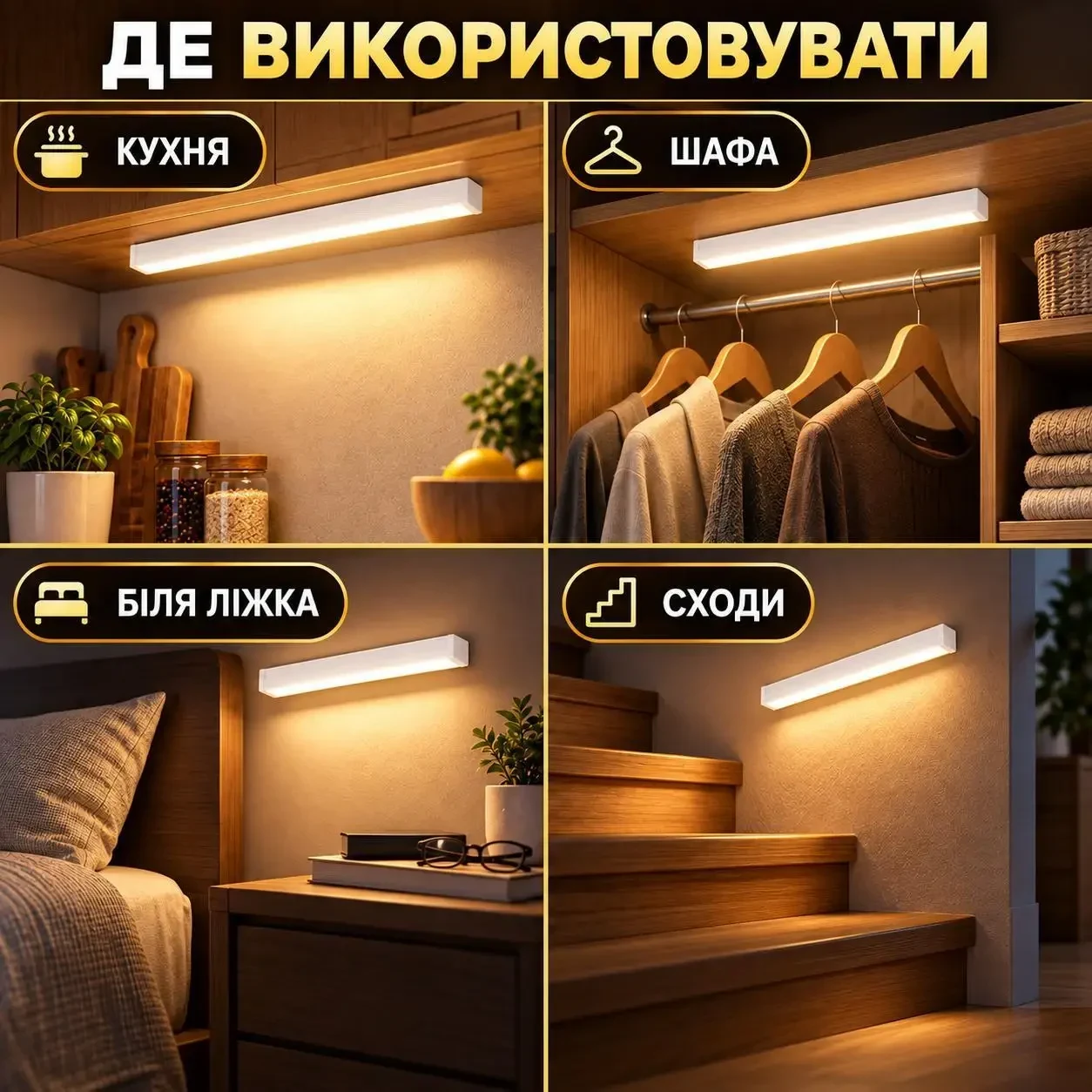 Бездротовий LED-світильник із датчиком руху 30 см, 21 LED, тепле світло, акумулятор 800 мА·год, Type-C