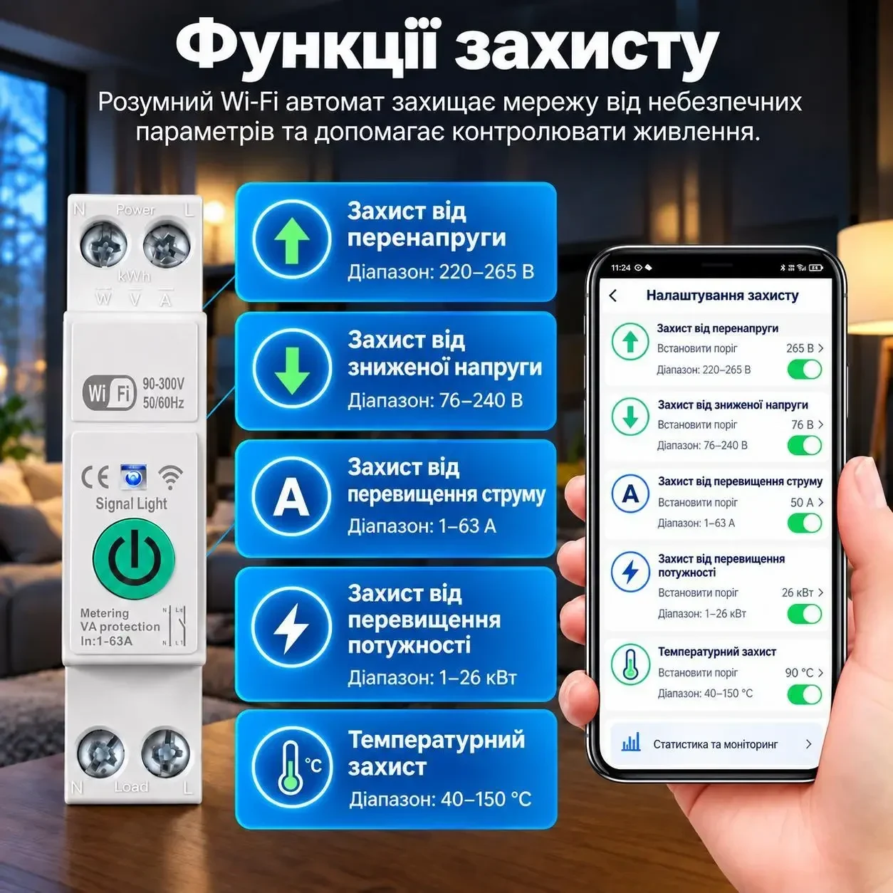 Розумний Wi-Fi автоматичний вимикач 1–63A з лічильником електроенергії, захистом напруги та струму, таймером, Tuya Smart Life,