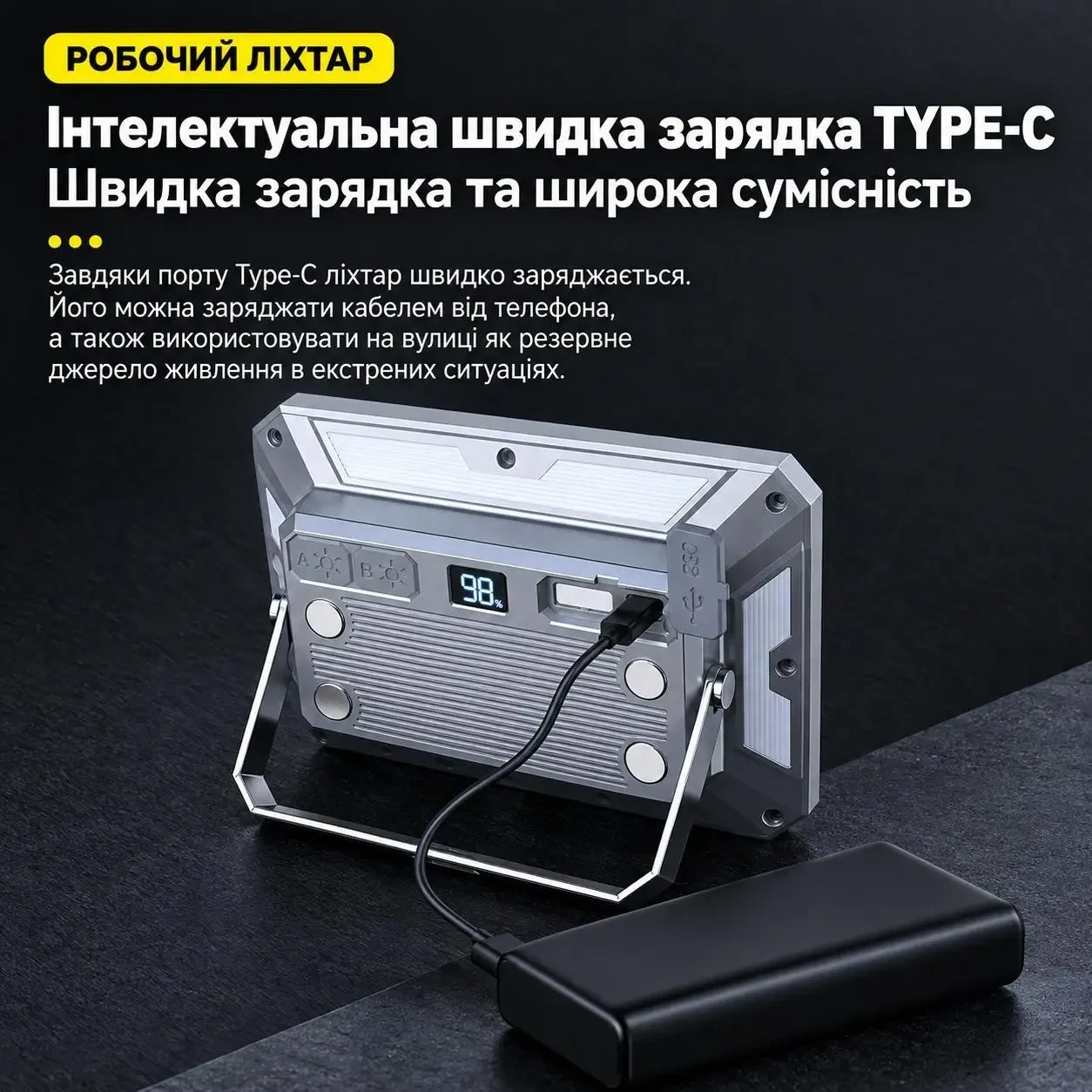 Акумуляторний LED прожектор BauTech - K686 1000 лм 4000 мАг, Type-C, USB Power Bank, IP44, магнітний кемпінговий робочий ліхтар