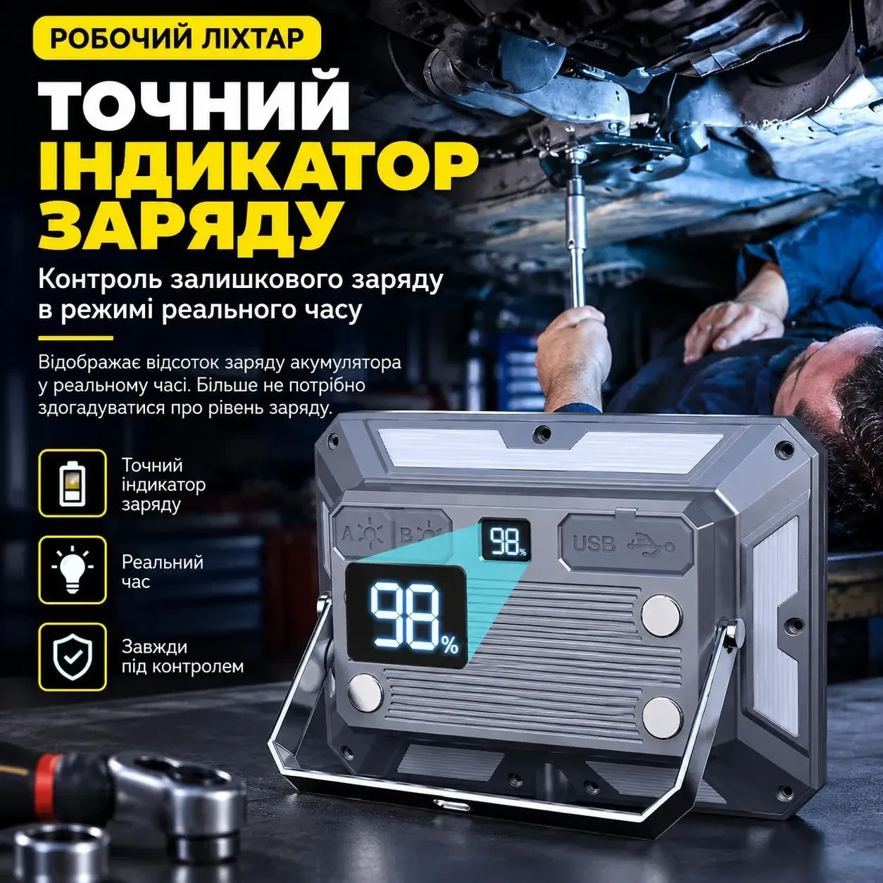 Акумуляторний LED прожектор BauTech - K686 1000 лм 4000 мАг, Type-C, USB Power Bank, IP44, магнітний кемпінговий робочий ліхтар