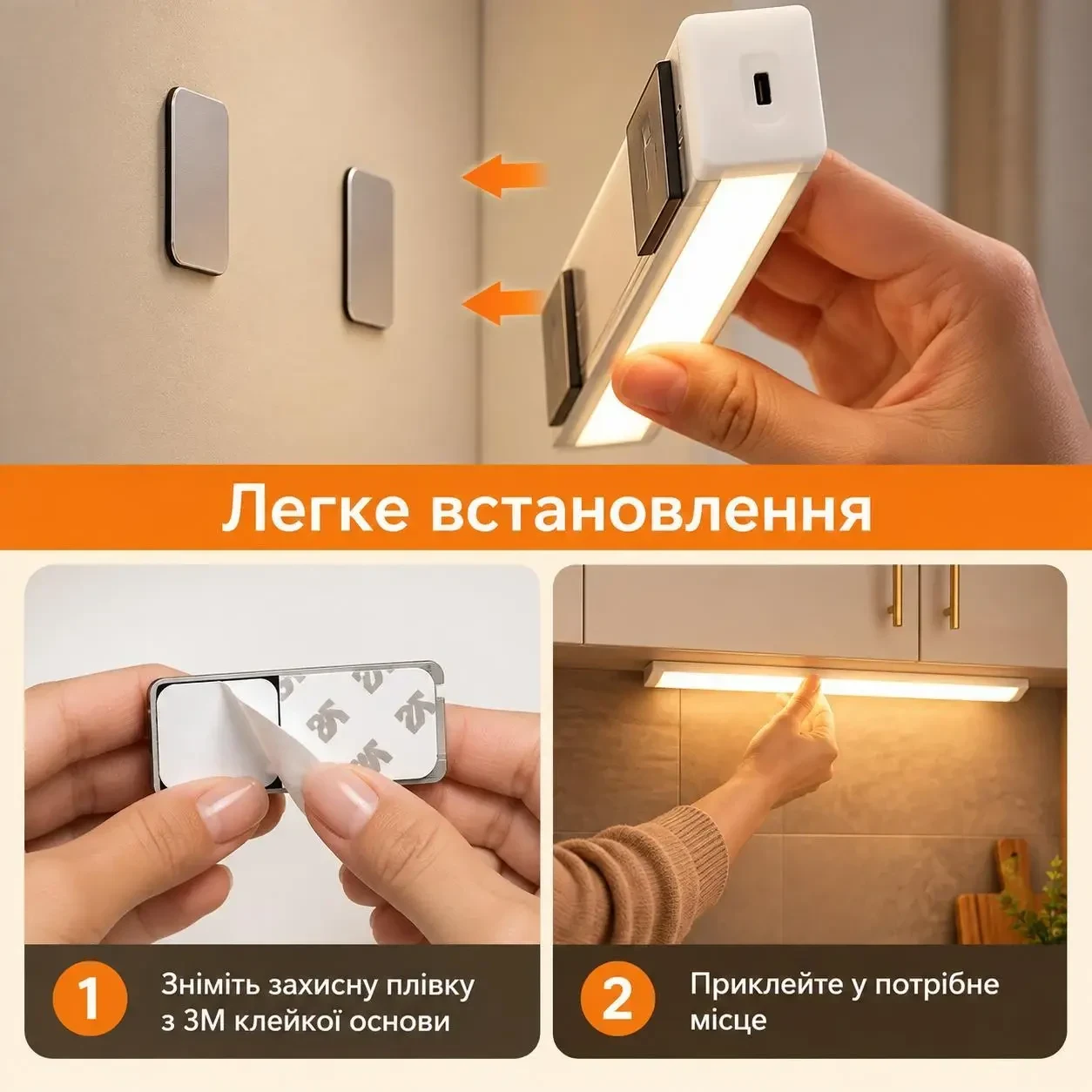 Світильник з датчиком руху 50 см 36 LED, акумуляторний, холодне біле світло, Type-C, магнітне кріплення для шафи та кухні