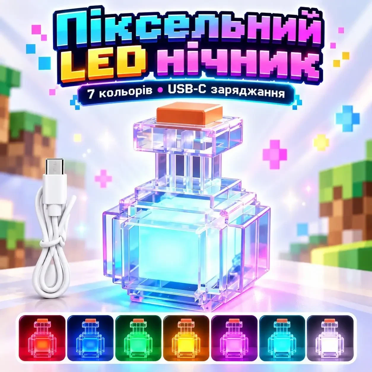 Піксельний LED нічник «Пляшка зілля» 7 кольорів, зміна кольору струшуванням, акумуляторний світильник USB Type-C