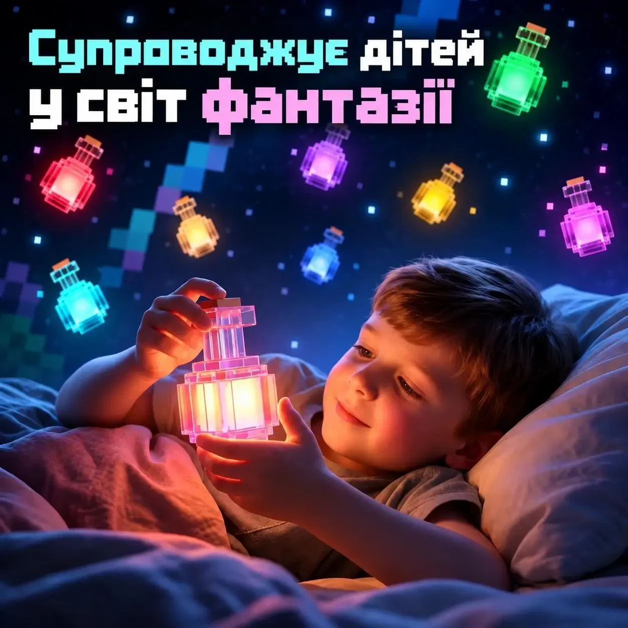 Піксельний LED нічник «Пляшка зілля» 7 кольорів, зміна кольору струшуванням, акумуляторний світильник USB Type-C