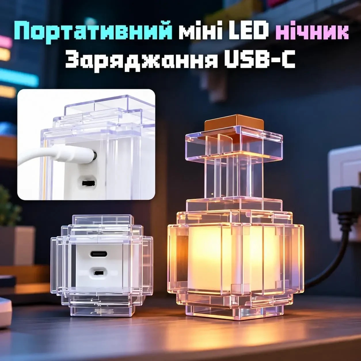 Піксельний LED нічник «Пляшка зілля» 7 кольорів, зміна кольору струшуванням, акумуляторний світильник USB Type-C