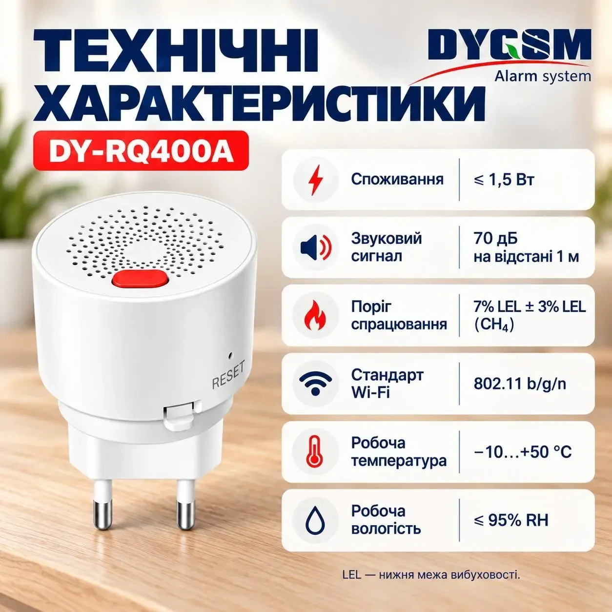 Датчик витоку газу DYGSM DY-RQ400A Wi-Fi 2,4 ГГц, Tuya Smart / Smart Life, зі звуковою сигналізацією, EU, білий