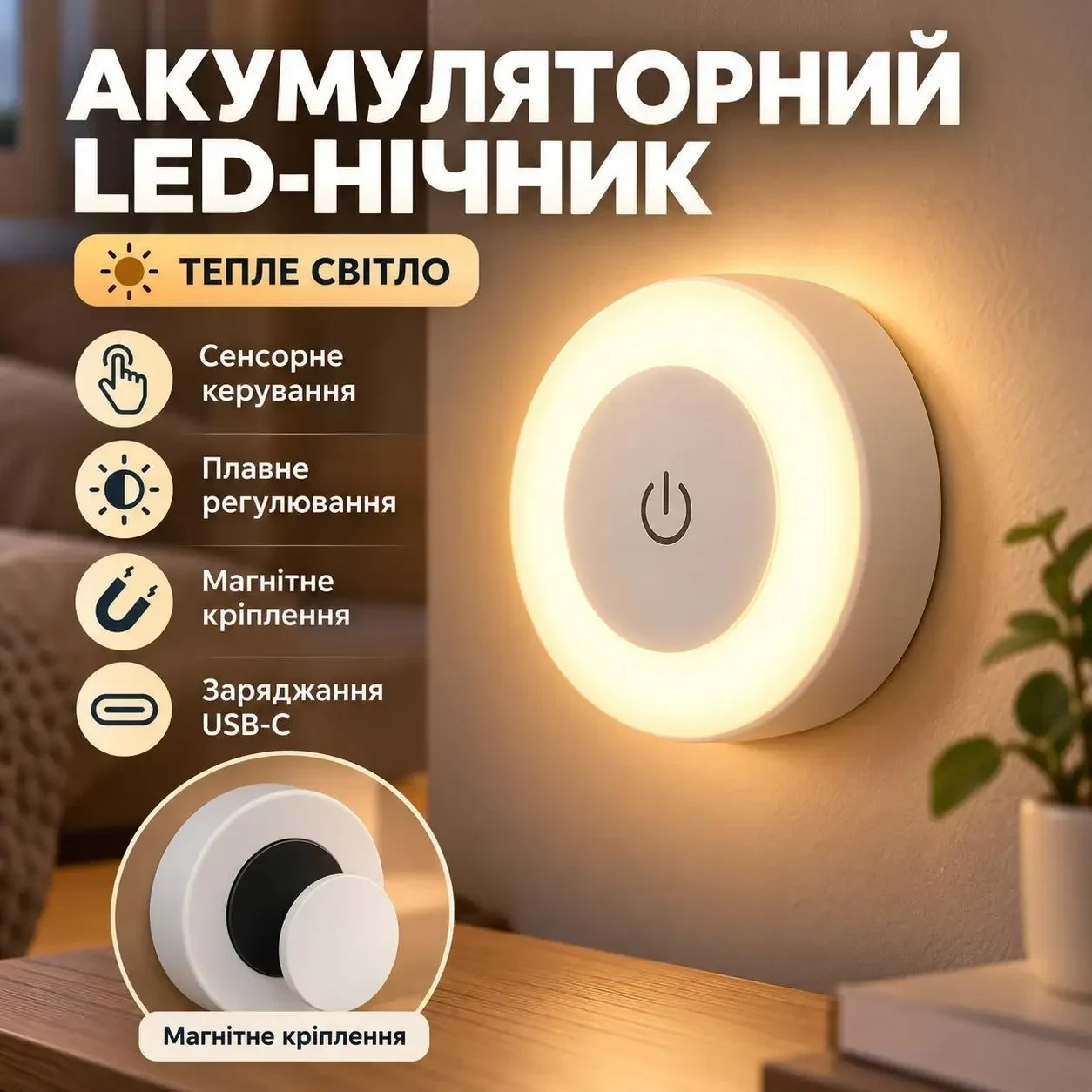 Акумуляторний LED-нічник із сенсорним керуванням і магнітним кріпленням, тепле світло, USB-C, білий