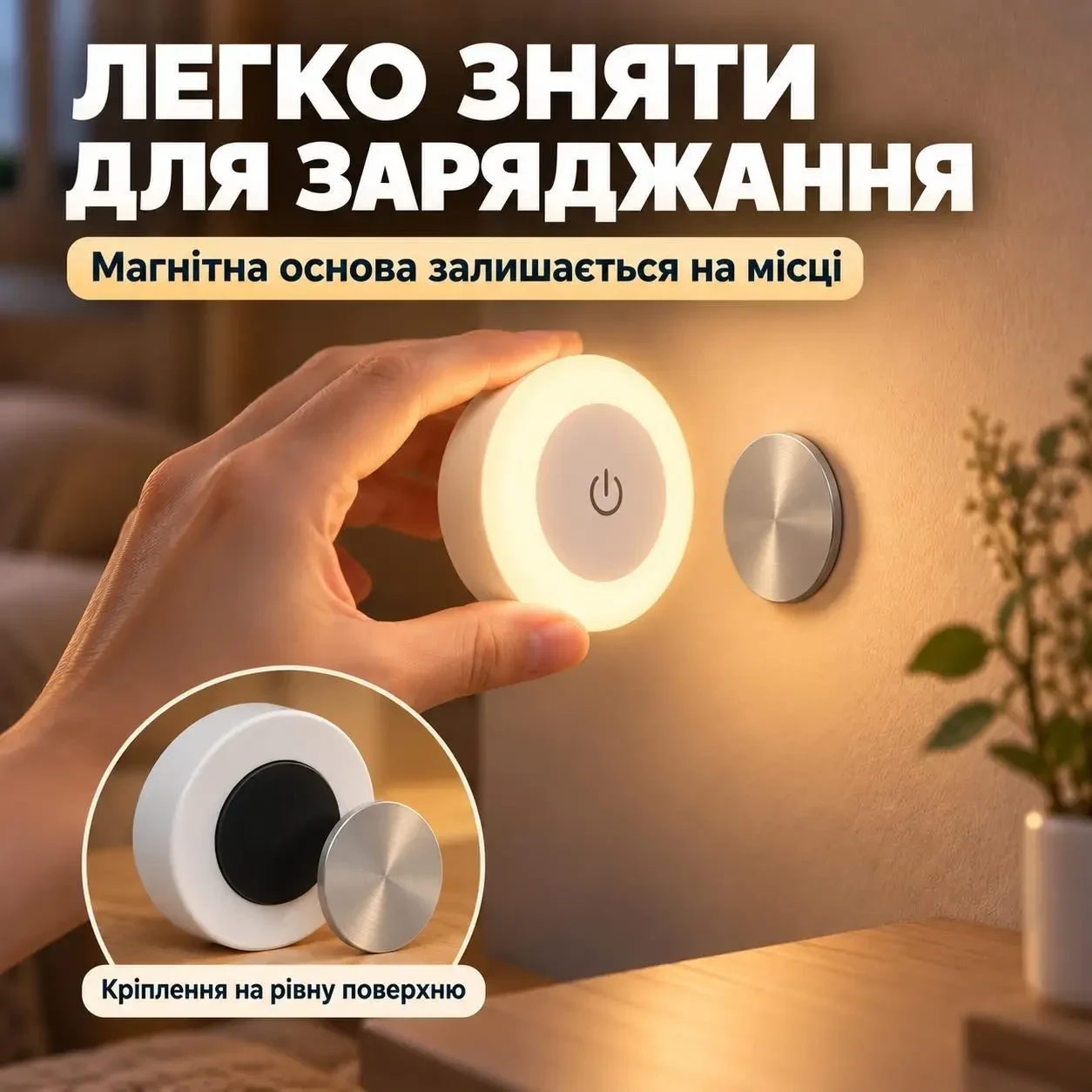 Акумуляторний LED-нічник із сенсорним керуванням і магнітним кріпленням, тепле світло, USB-C, білий
