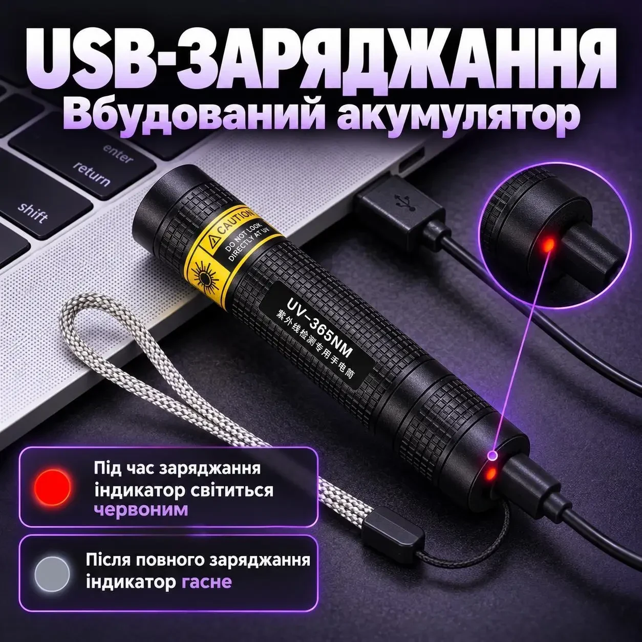 Ультрафіолетовий LED-ліхтарик 365 нм, 3 Вт, акумуляторний із USB Type - C заряджанням, чорний