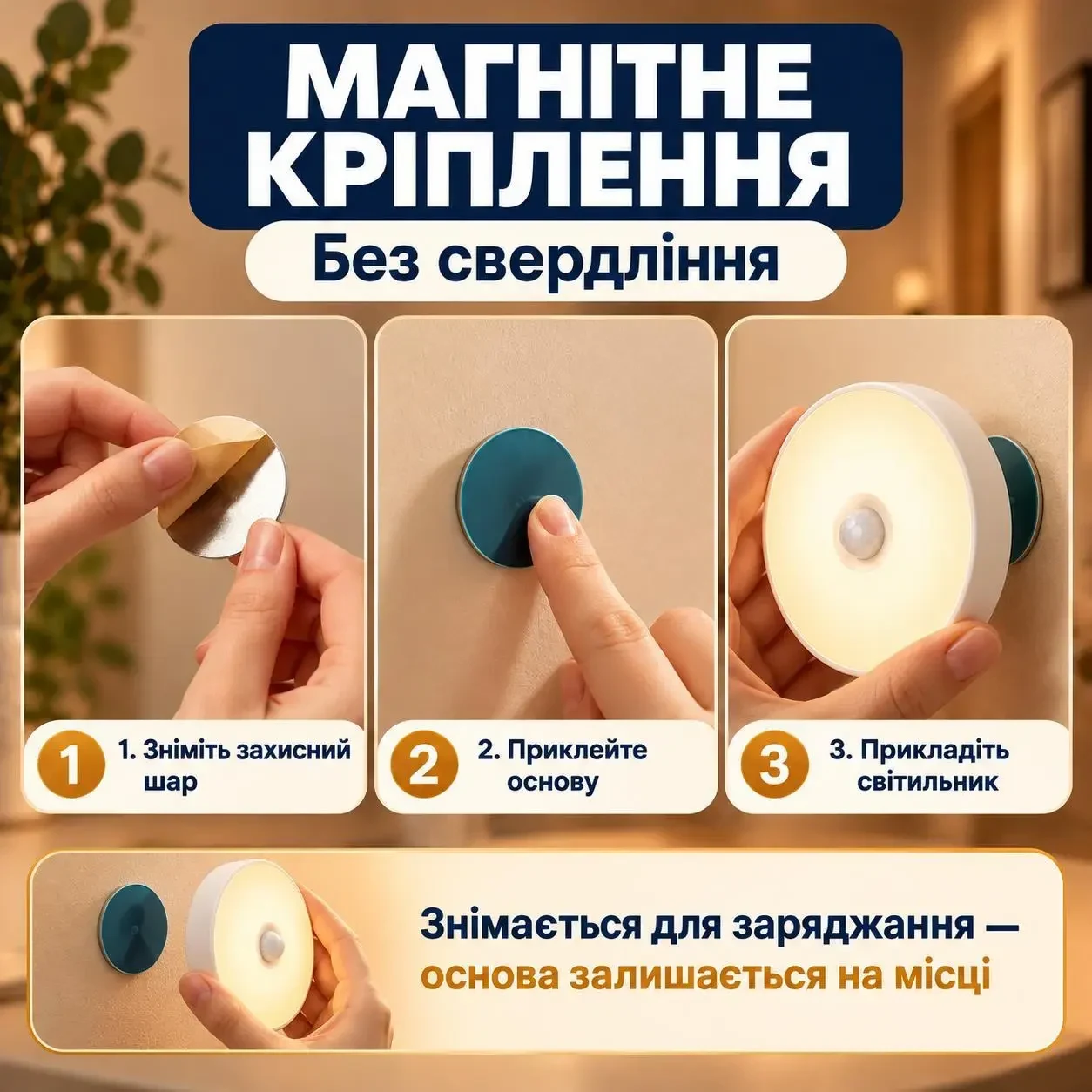 Набір акумуляторних LED-світильників із датчиком руху та магнітним кріпленням, 3 шт., тепле світло, Micro-USB