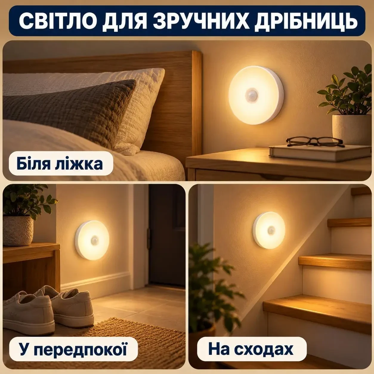 Набір акумуляторних LED-світильників із датчиком руху та магнітним кріпленням, 3 шт., тепле світло, Micro-USB