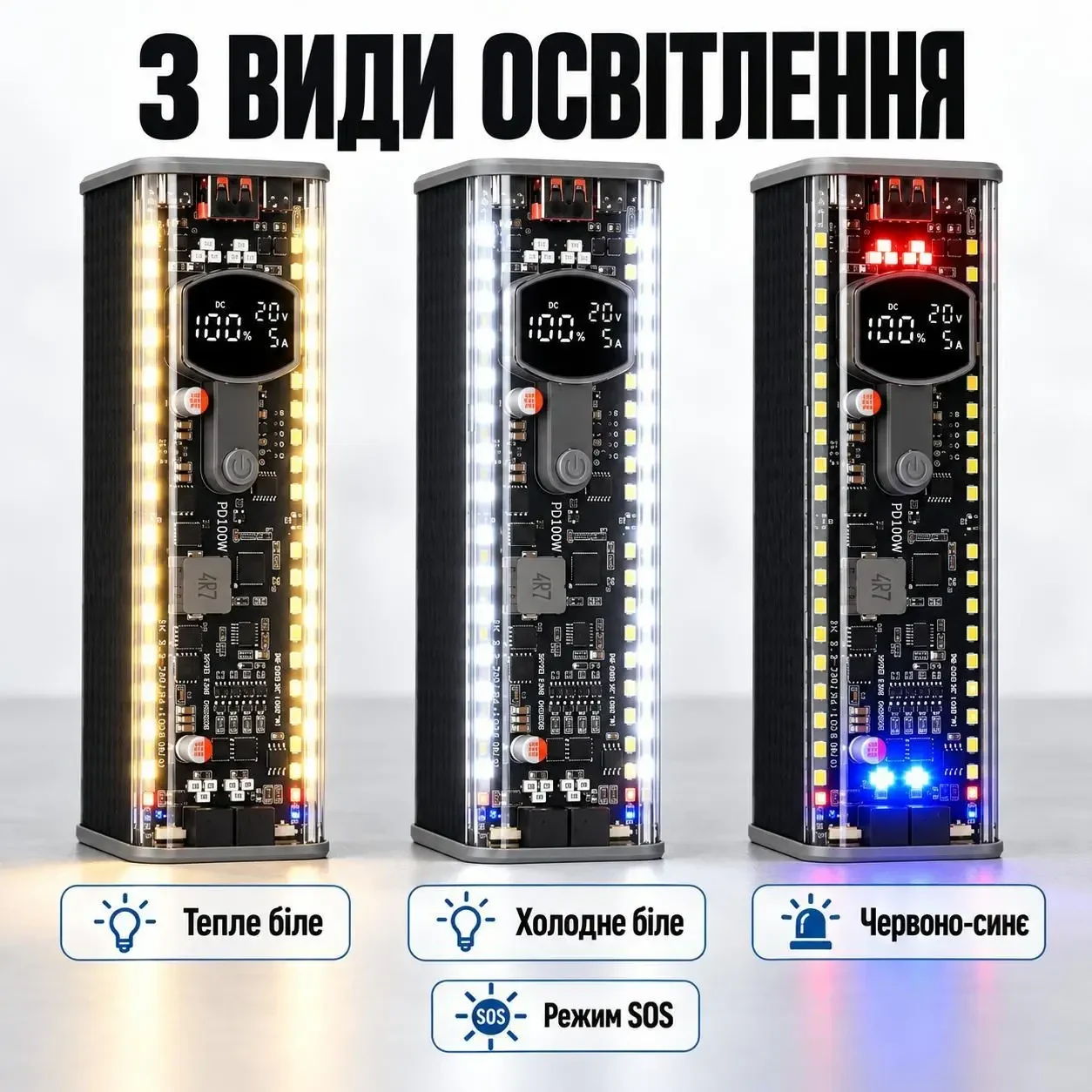 Корпус для складання павербанка 8×21700, PD 100 Вт, 2×USB-C, USB-A, DC 3,3–24 В, LED-освітлення, чорний, без акумуляторів
